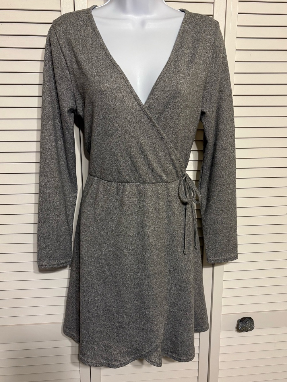Derek Heart Gray Faux Wrap-Style Long Sleeve Dress